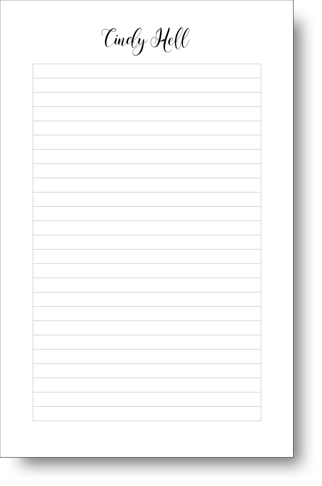 A black and white notepad featuring a stylish handwritten font displaying a name at the top.