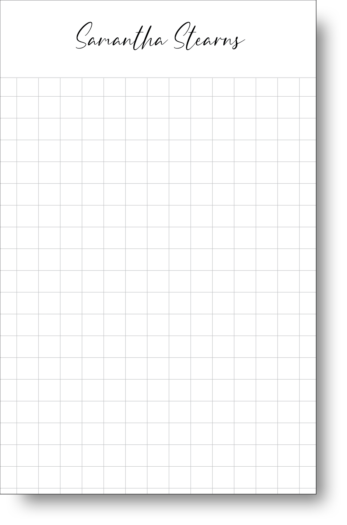 A black and white notepad featuring a stylish handwritten font displaying a name at the top.