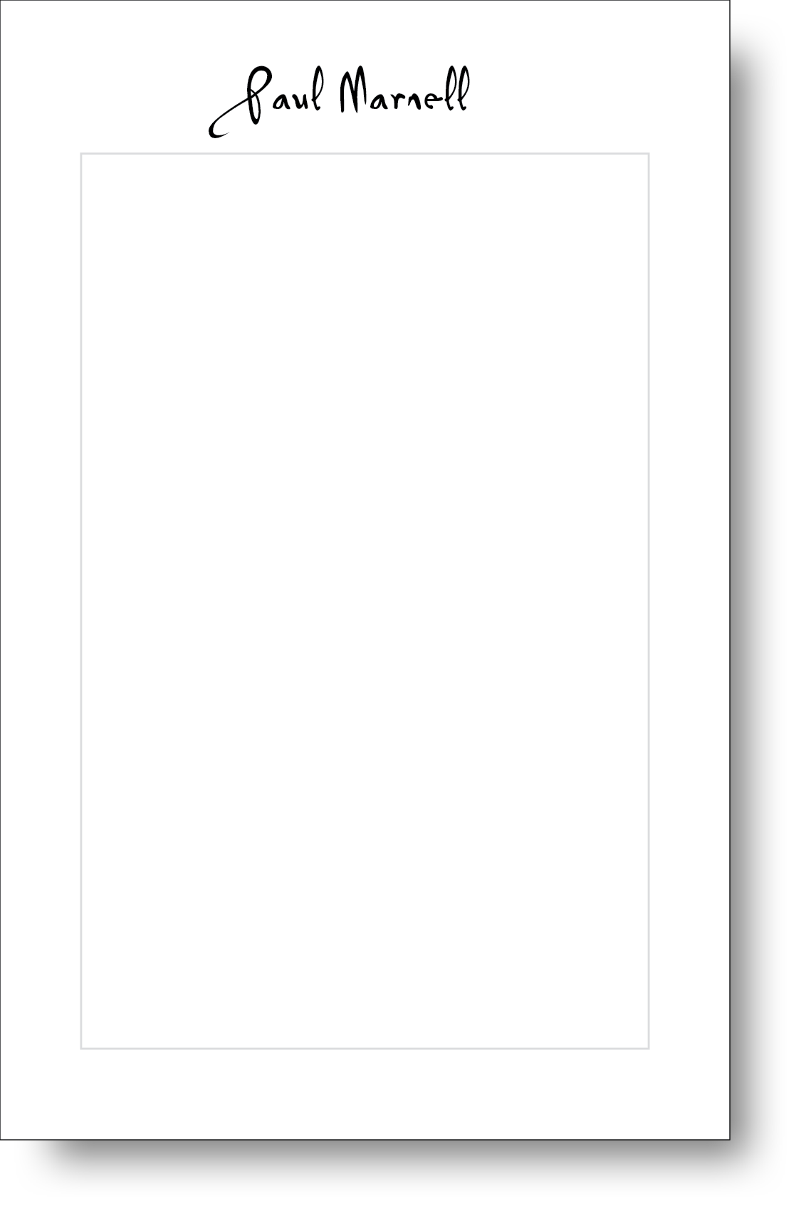 A black and white notepad featuring a stylish handwritten font displaying a name at the top.