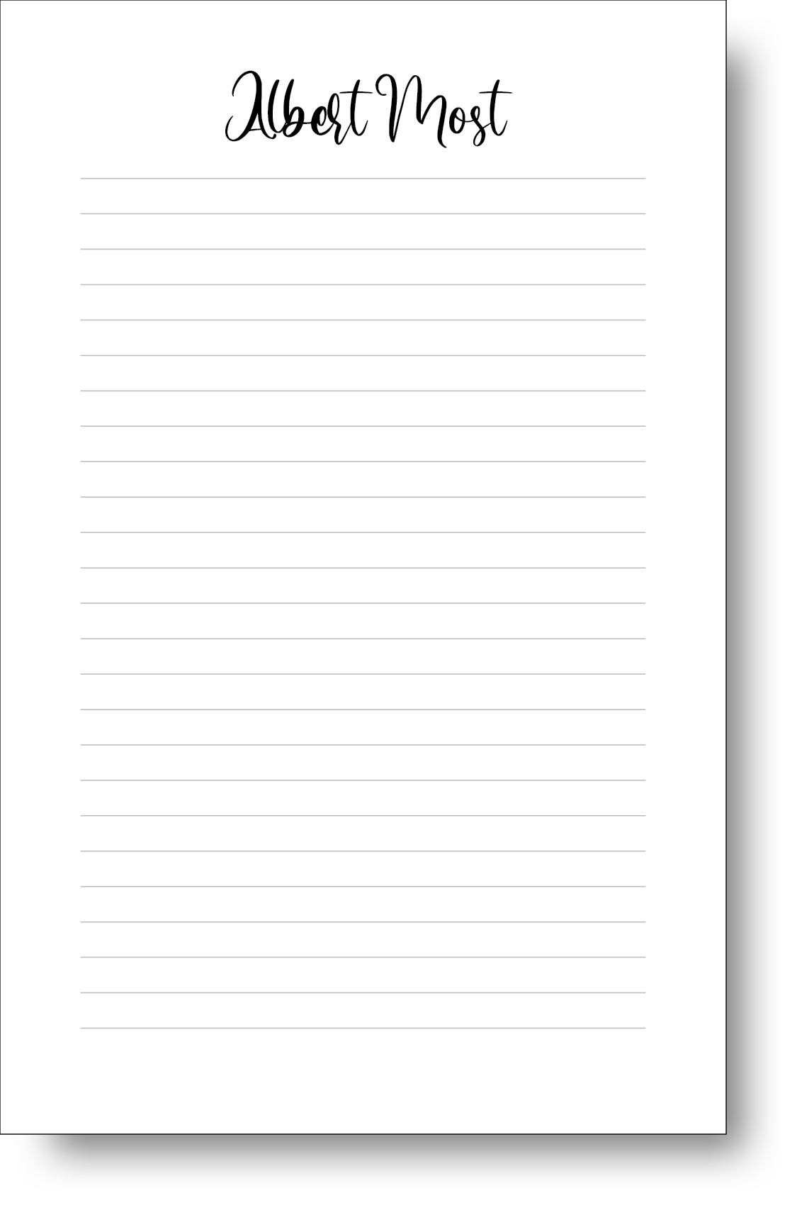 A black and white notepad featuring a stylish handwritten font displaying a name at the top.