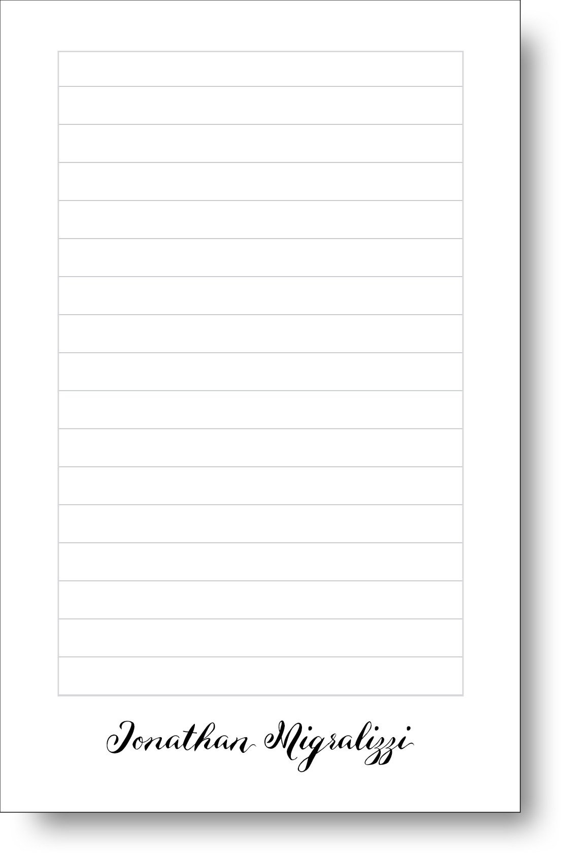 A black and white notepad featuring a stylish handwritten font displaying a name at the bottom.