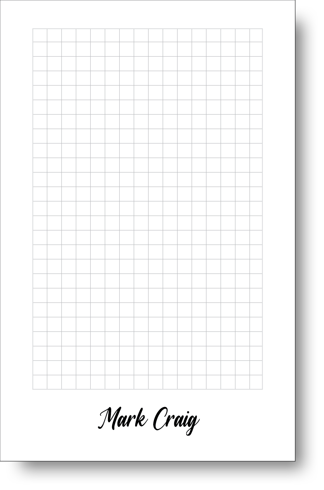A black and white notepad featuring a stylish handwritten font displaying a name at the bottom.