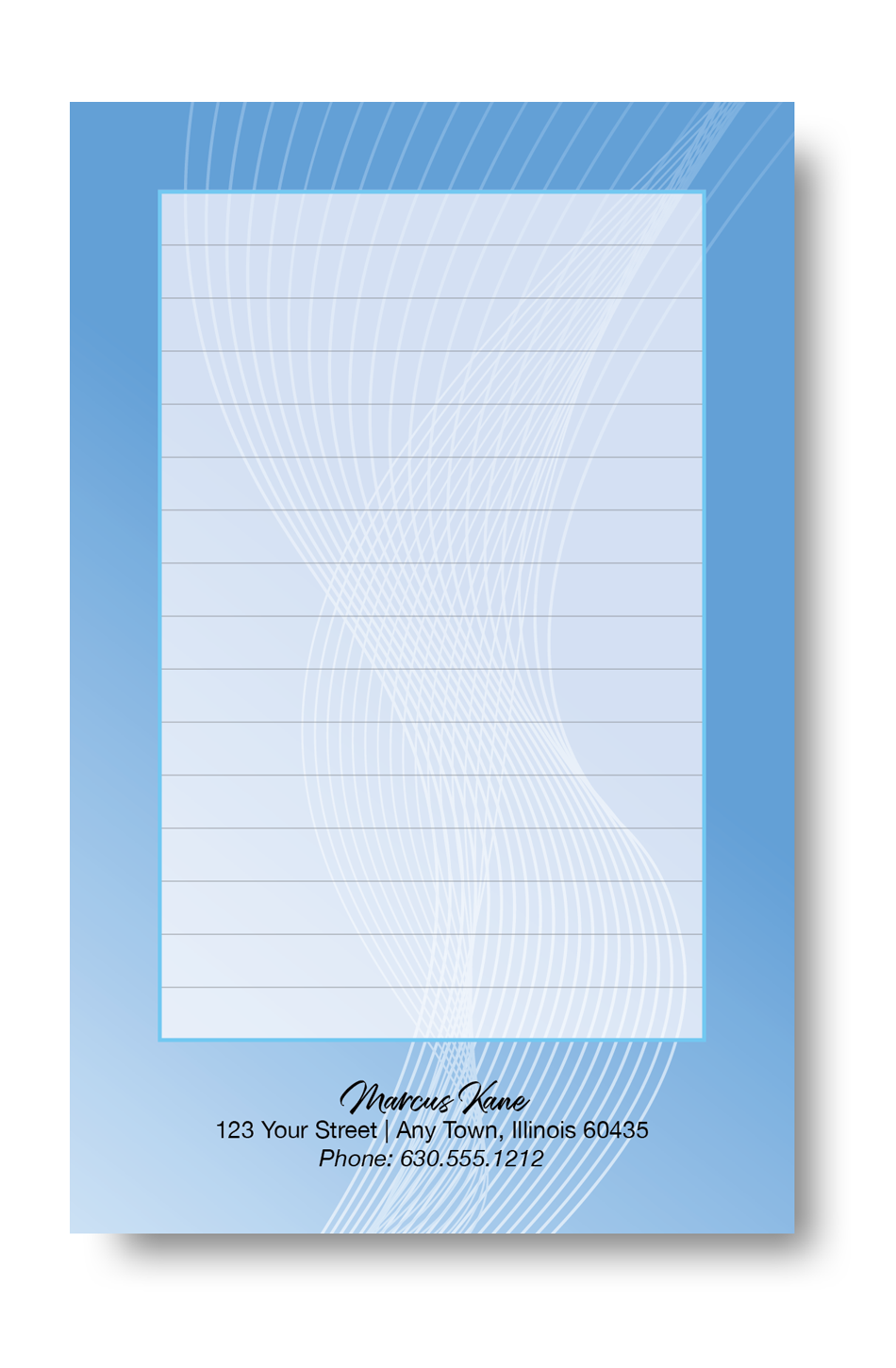 Notepad with a light blue abstract art background with a name and contact information on the bottom.