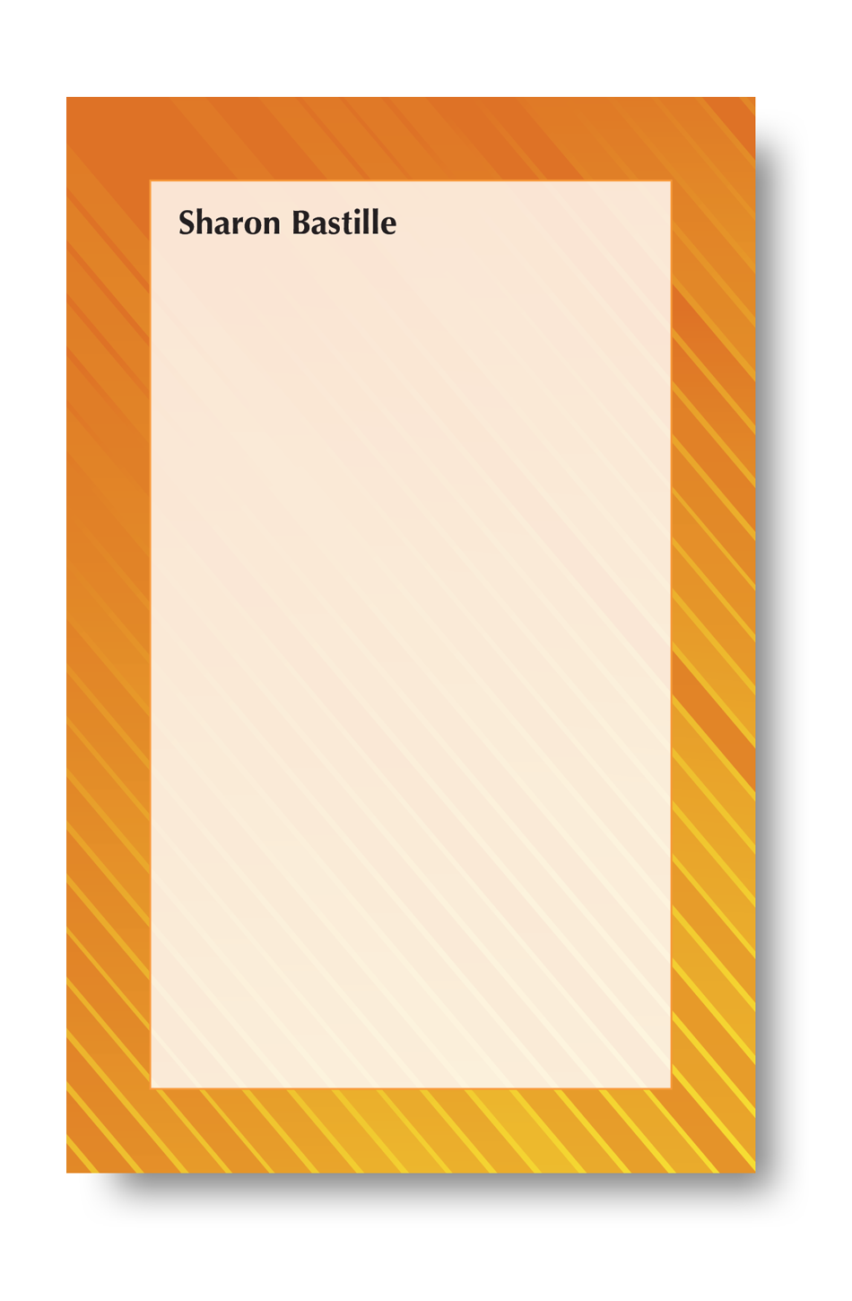 Notepad with an orange abstract art background with a name at the top.