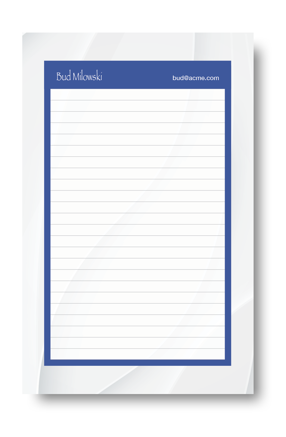 Notepad with a light gray abastract art background with a name and contact information at the top.