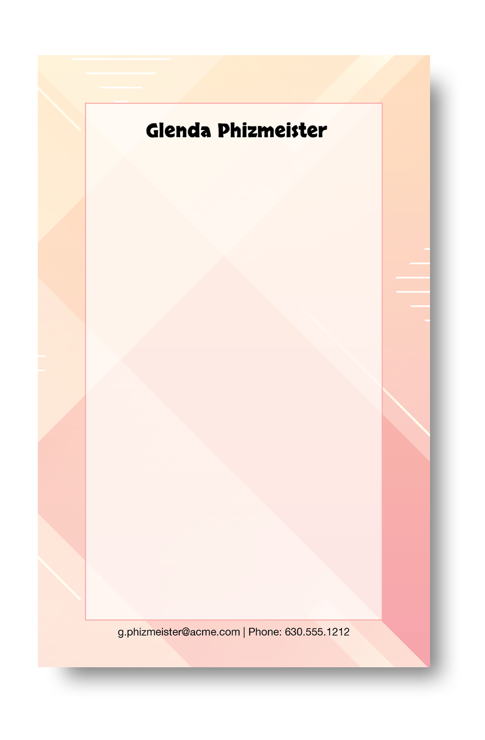 Notepad with a pastel abastract art background with a name and contact information on the bottom and bottom.