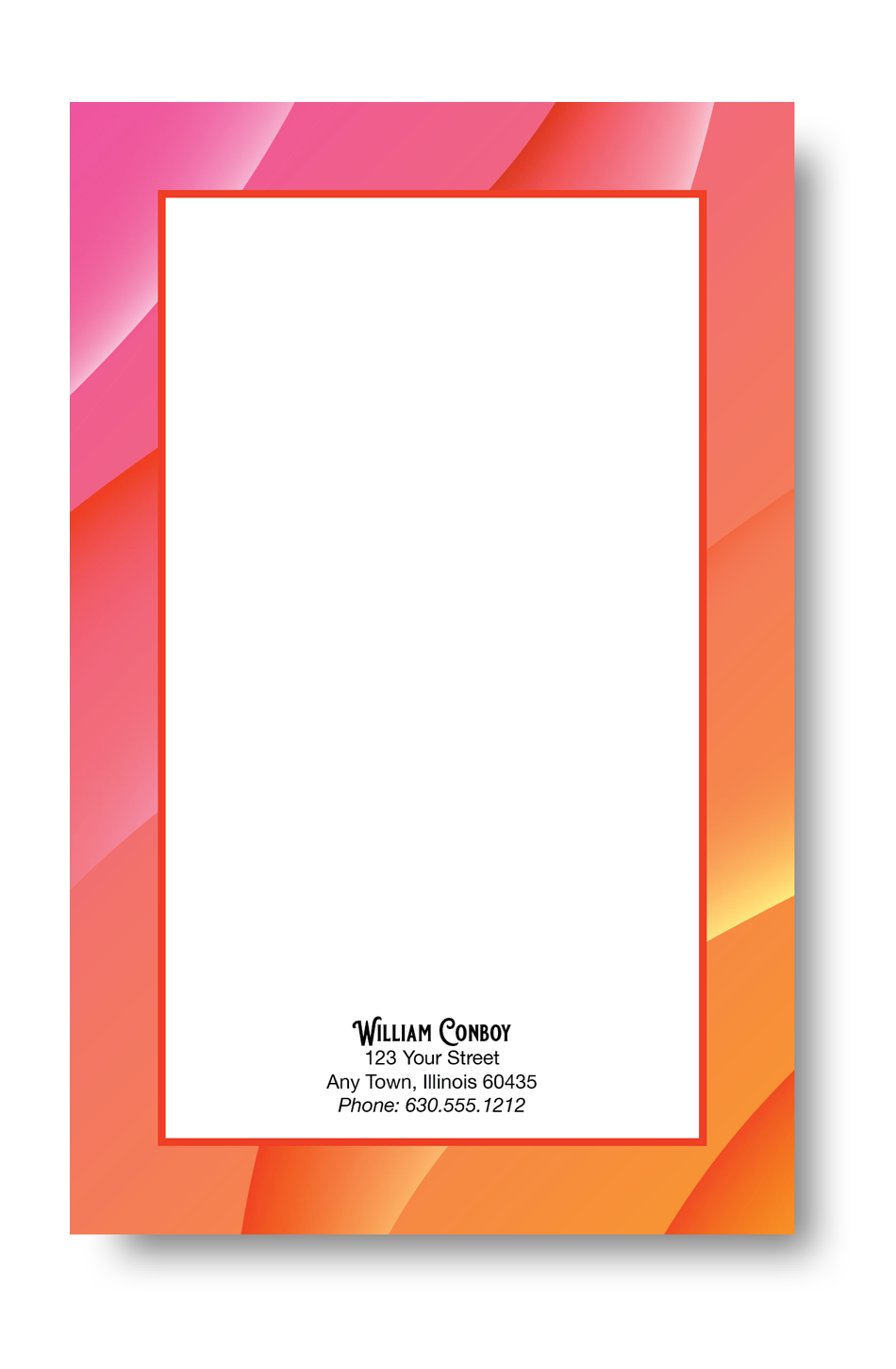 Notepad with an orange and magenta abstract art background with a name and contact information on the bottom.