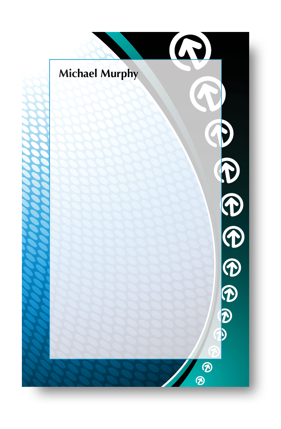 Notepad with a blue/green abstract art background with a name at the top.