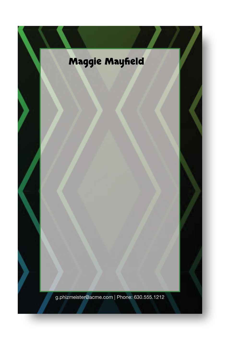 Notepad with a dark green and black abstract art background with a name and contact information on the top and bottom.