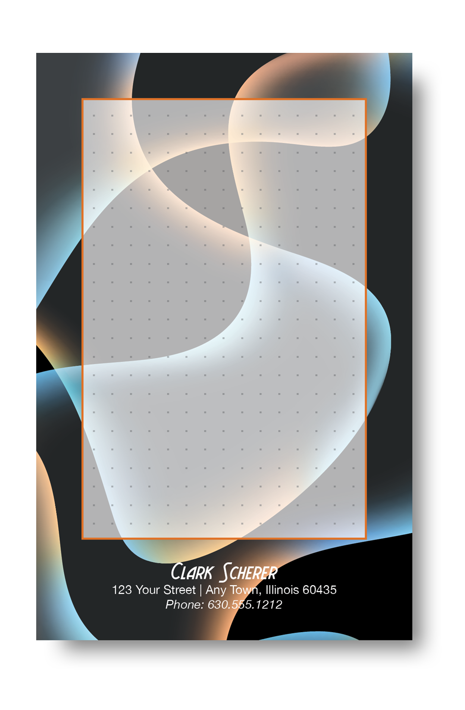 Notepad with a multicolor, swirling  abstract art background with a name and contact information on the top and bottom.
