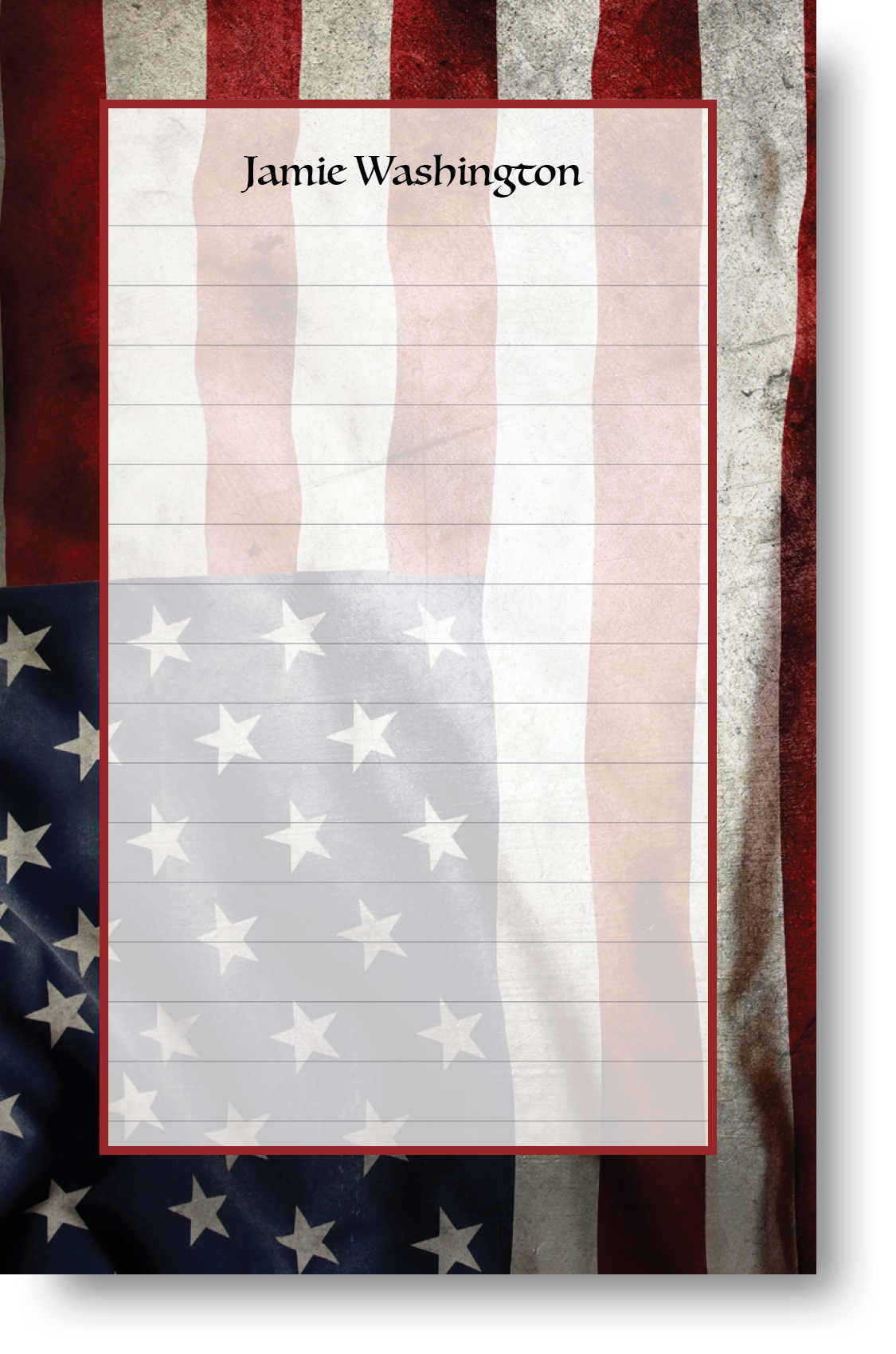 Colorful patriot themed notepad with an American flag background.