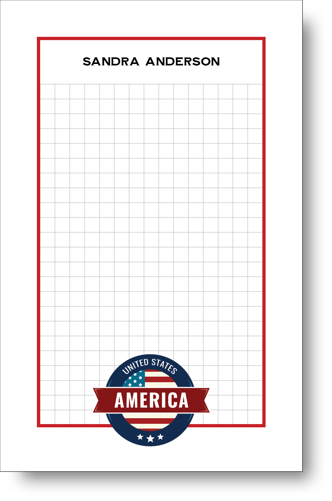 Colorful patriot themed notepad with an America badge at the bottom and a name at the top.