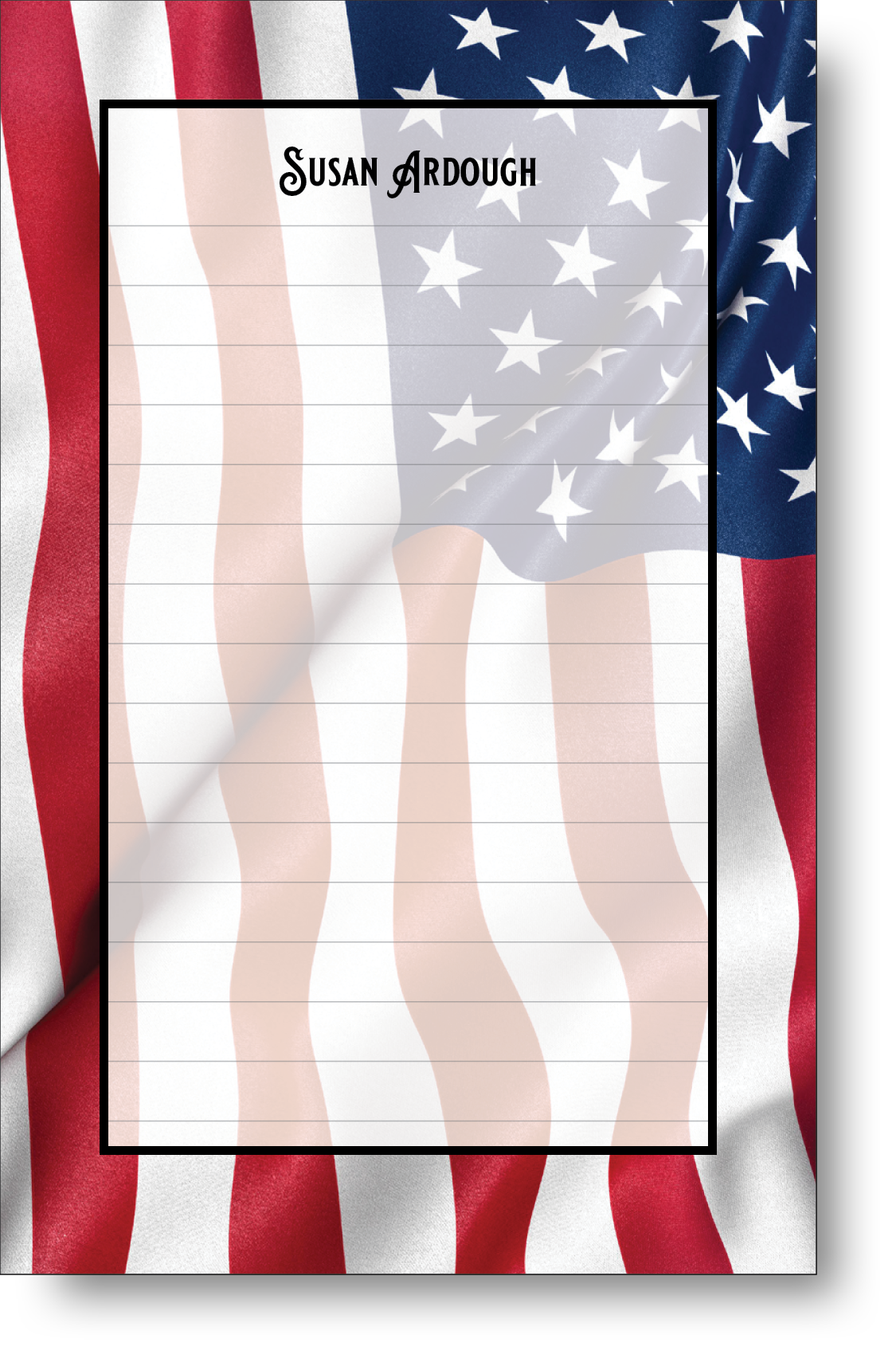 Colorful patriot themed notepad with an American flag background and a name at the top.