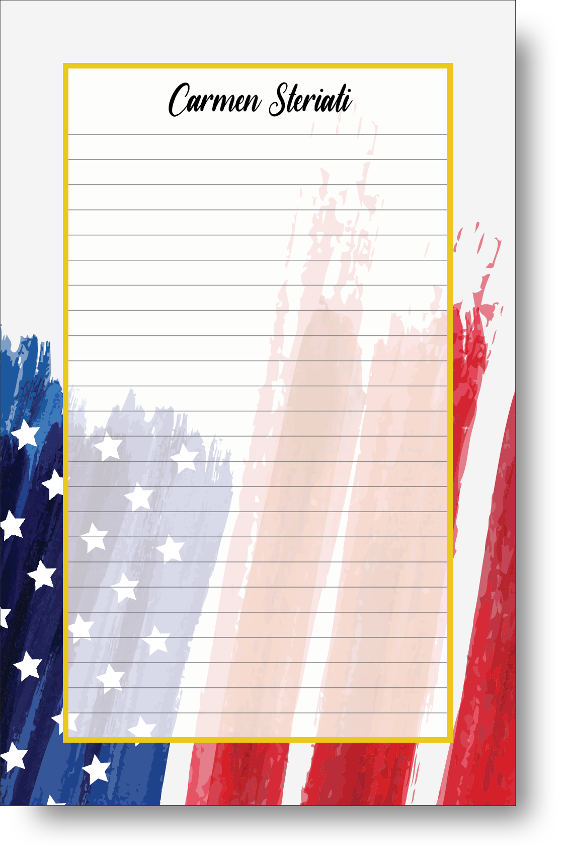 Colorful patriot themed notepad with a painted American flag background with a name at the top.