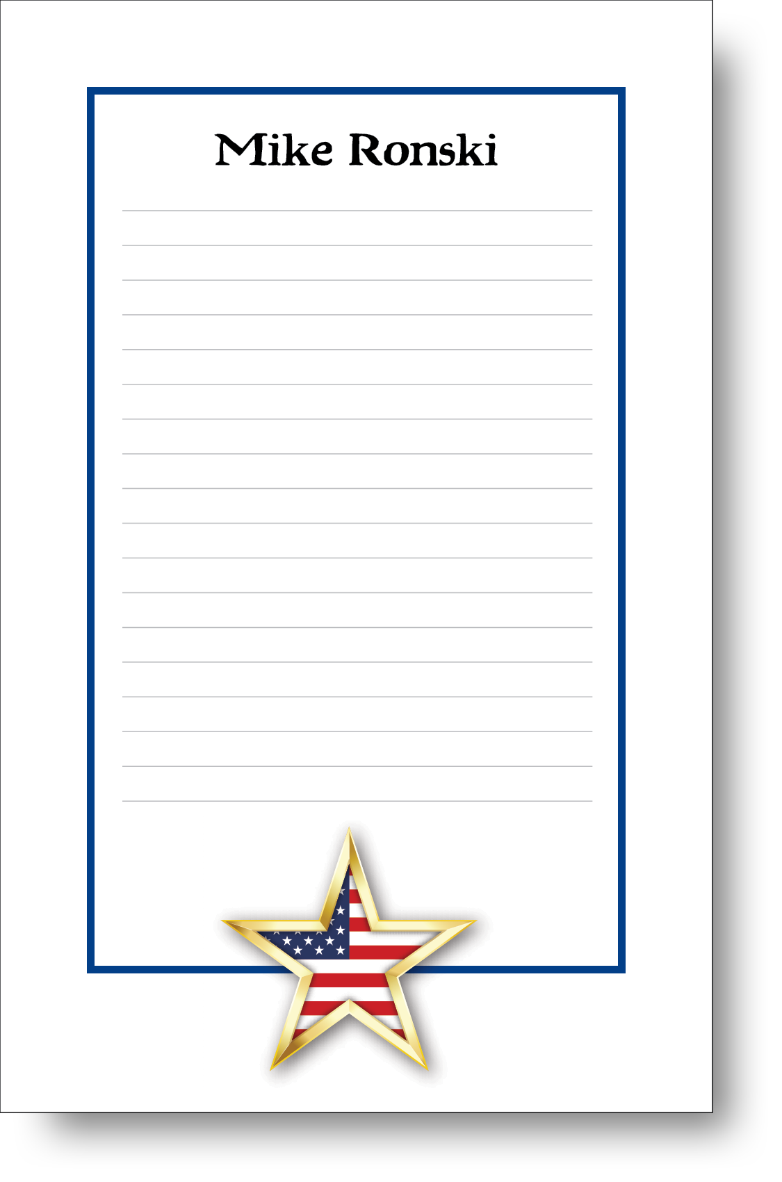 Colorful patriot themed notepad with an American flag inside a gold star badge.