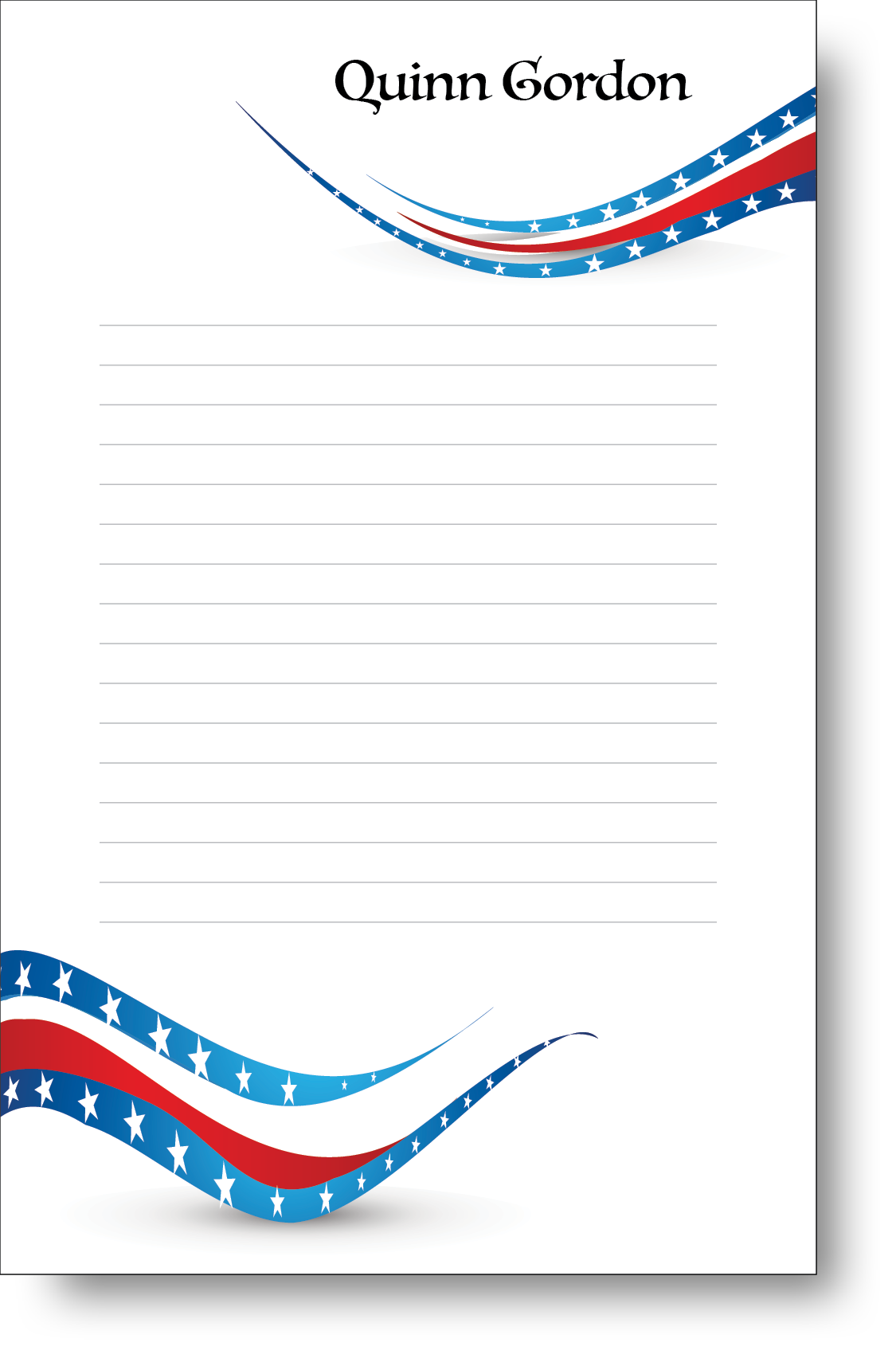 Colorful patriot themed notepad with a name at the top.