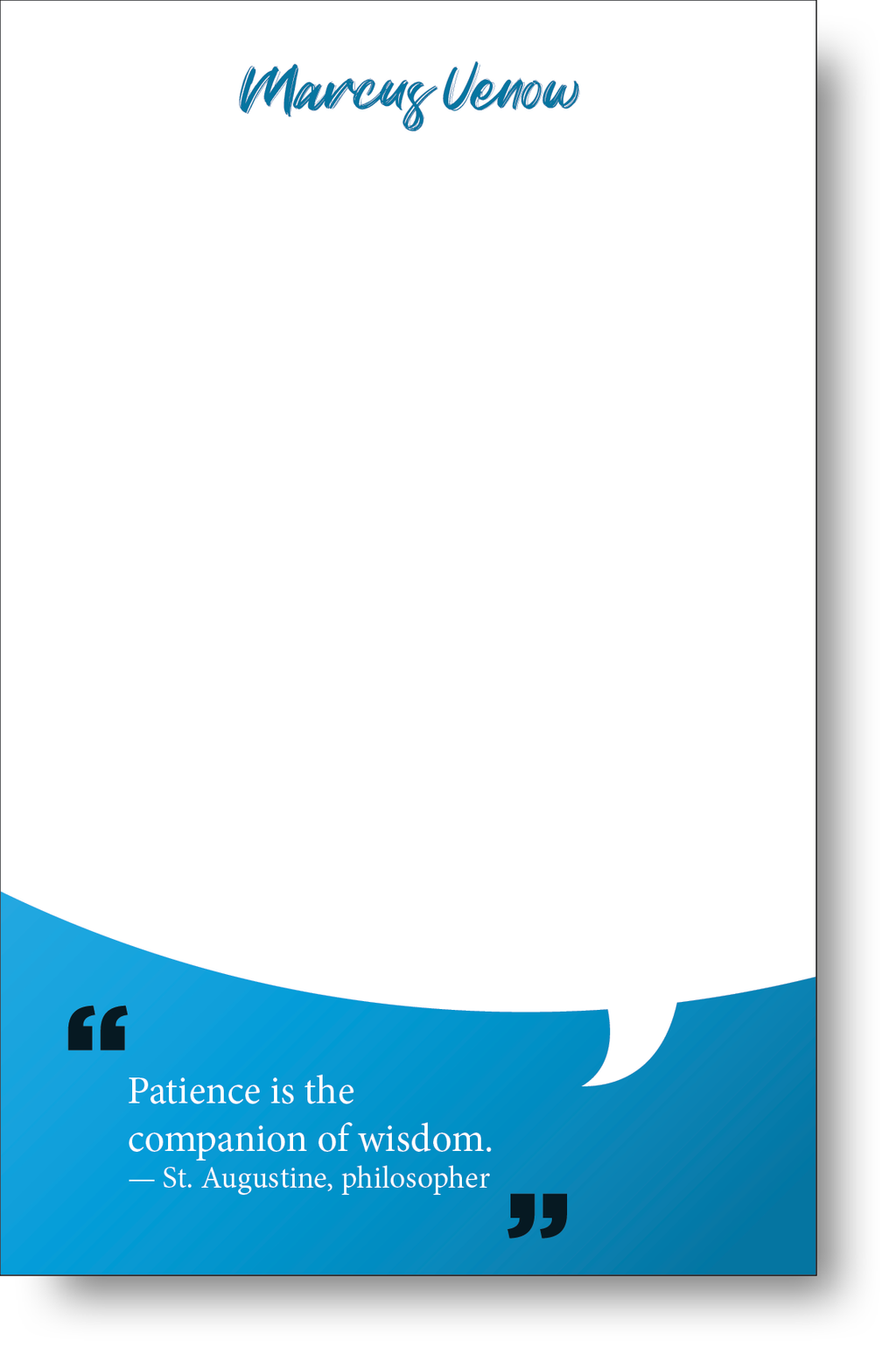 Notepad with a cyan color block at the bottom containing and inspirational quote, and a name at the top.