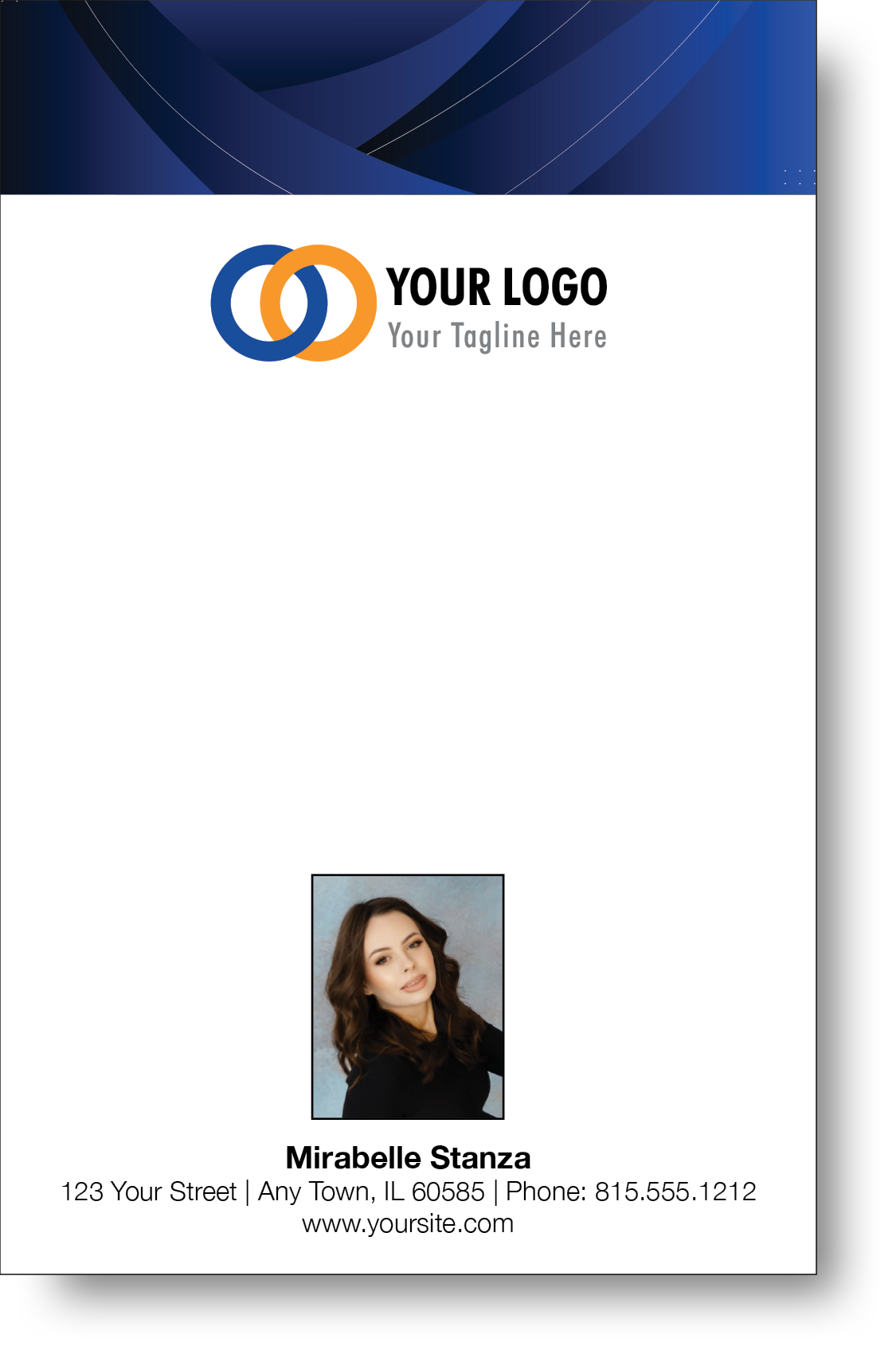A colorful professional notepad presenting a company logo and a portrait with a name and contact information displayed.