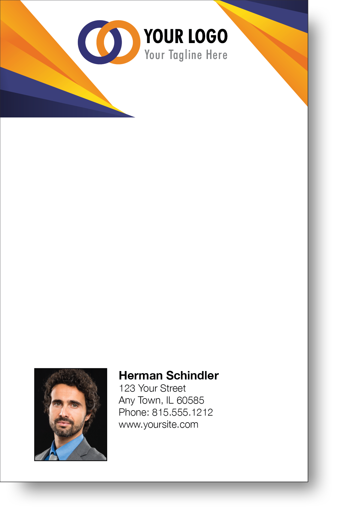 A colorful professional notepad presenting a company logo and a portrait with a name and contact information displayed.