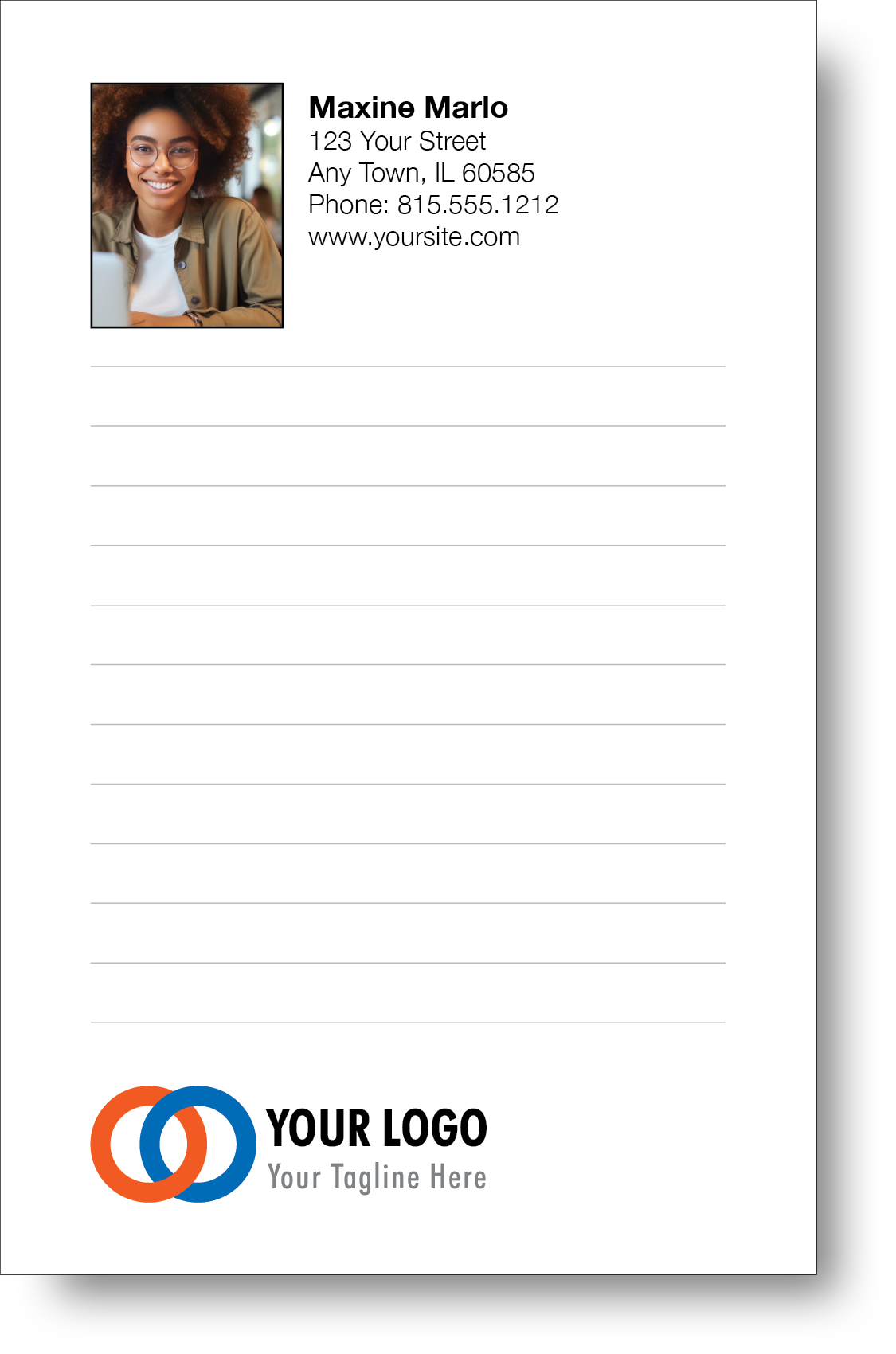 A colorful professional notepad presenting a company logo and a portrait with a name and contact information displayed.