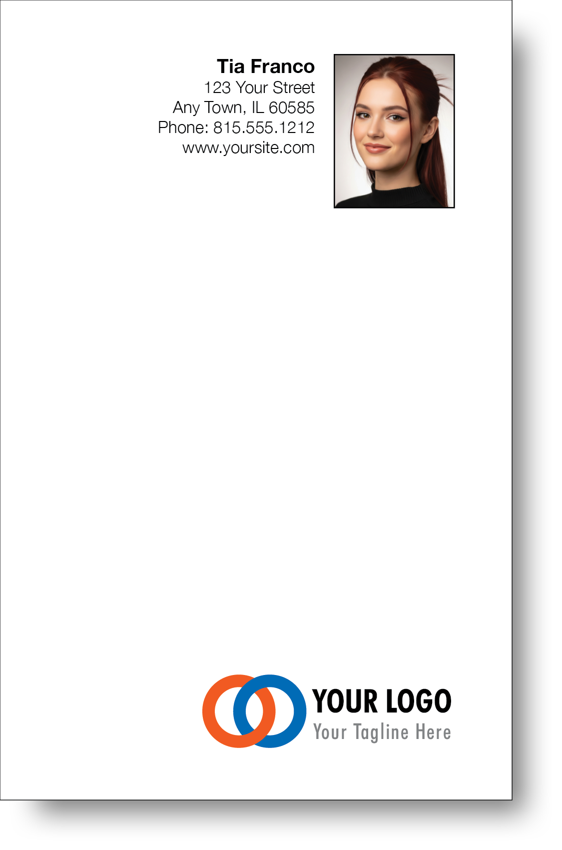 A colorful professional notepad presenting a company logo and a portrait with a name and contact information displayed.