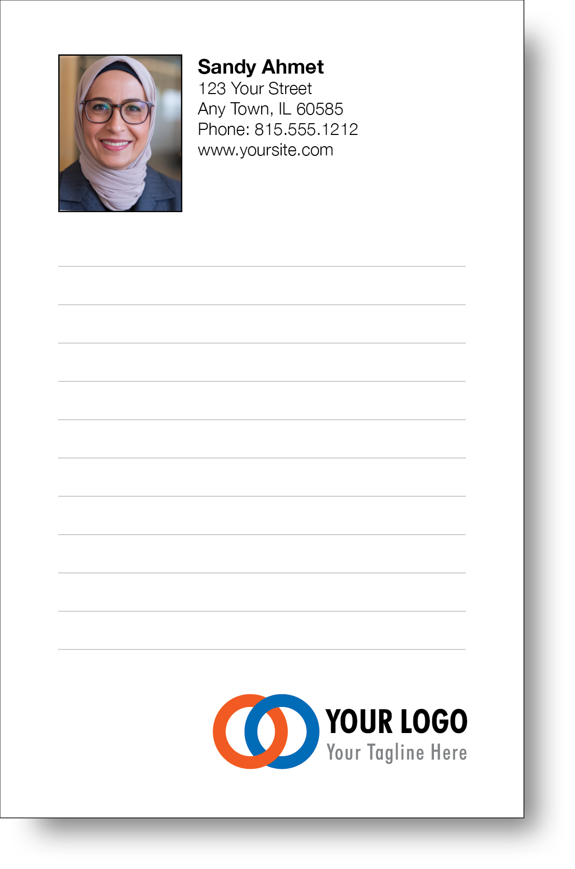 A colorful professional notepad presenting a company logo and a portrait with a name and contact information displayed.