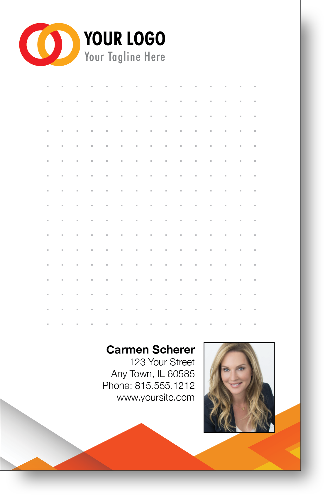 A colorful professional notepad presenting a company logo and a portrait with a name and contact information displayed.