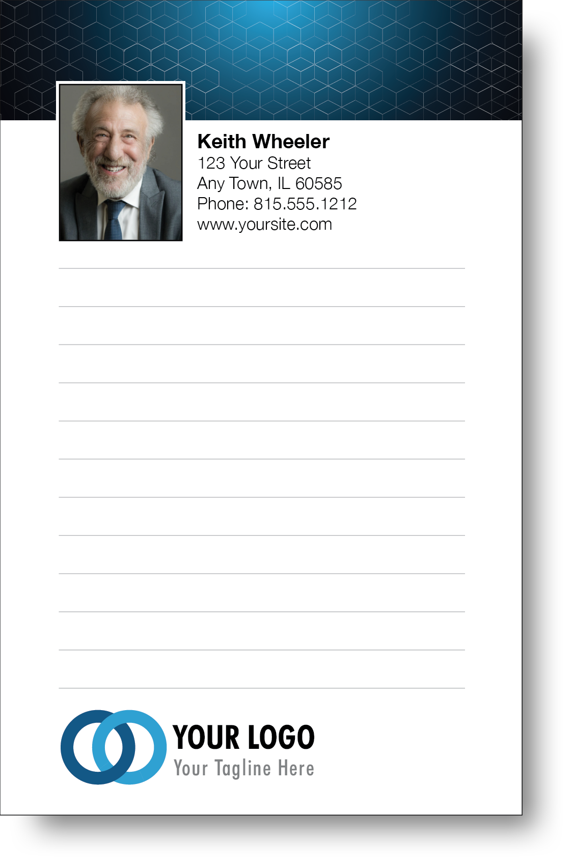 A colorful professional notepad presenting a company logo and a portrait with a name and contact information displayed.