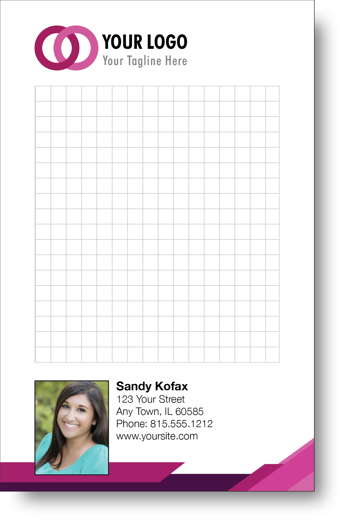 A colorful professional notepad presenting a company logo and a portrait with a name and contact information displayed.