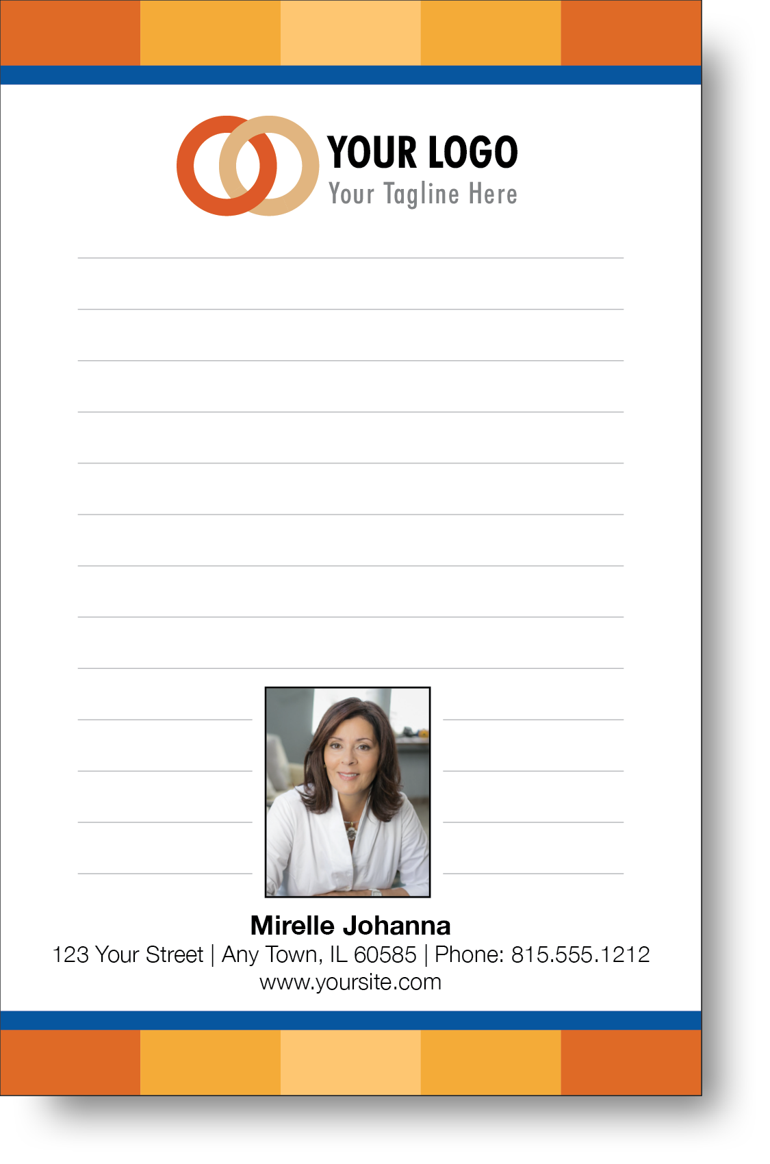 A colorful professional notepad presenting a company logo and a portrait with a name and contact information displayed.