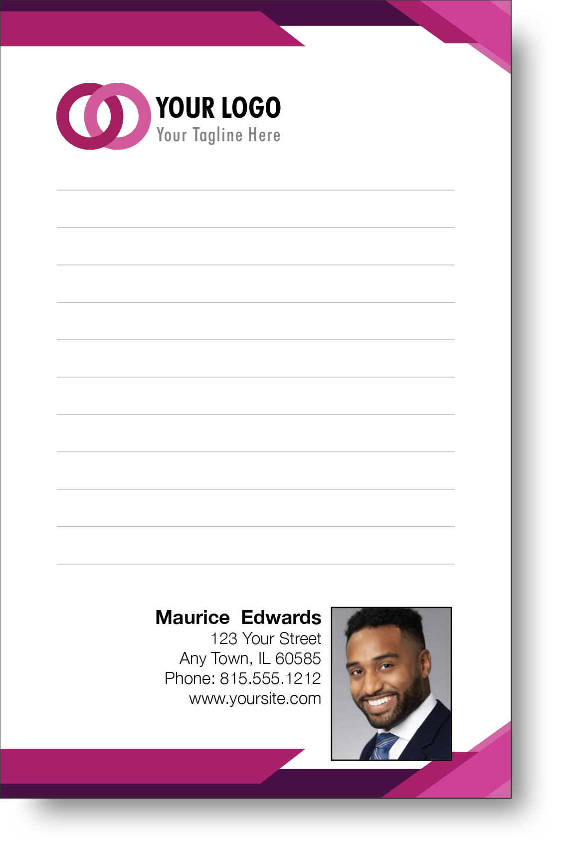 A colorful professional notepad presenting a company logo and a portrait with a name and contact information displayed.