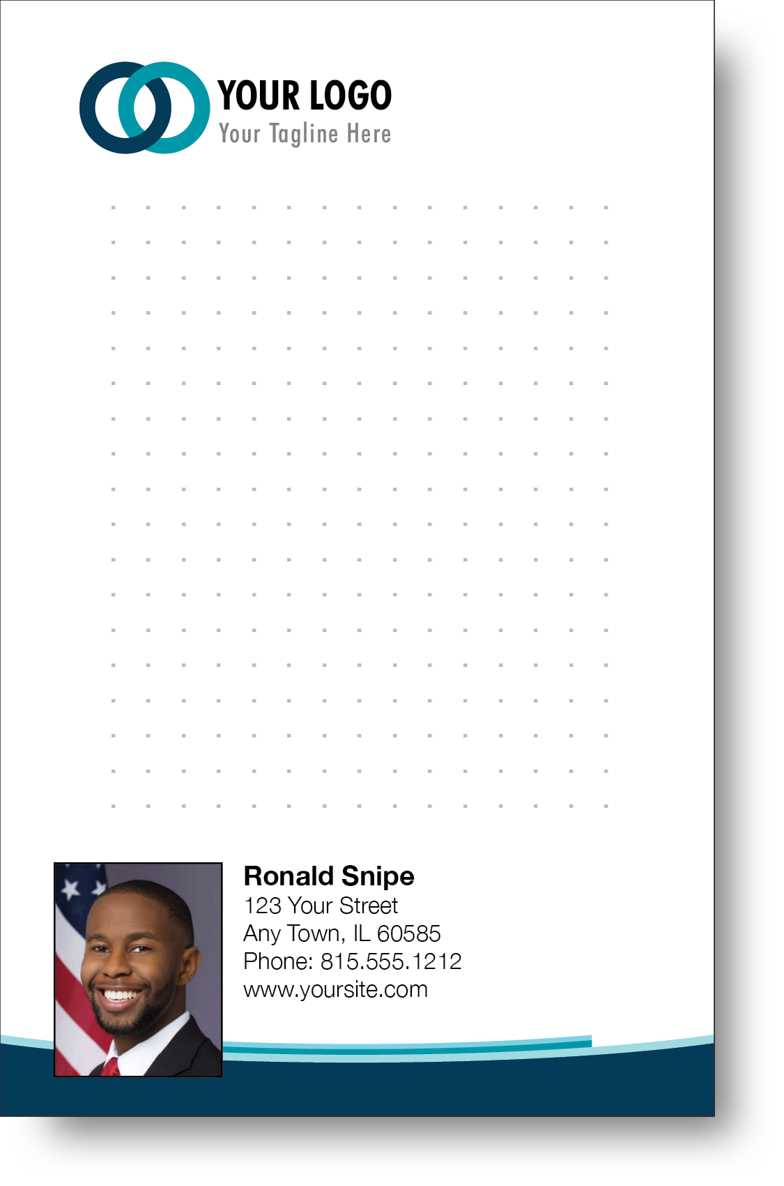 A colorful professional notepad presenting a company logo and a portrait with a name and contact information displayed.