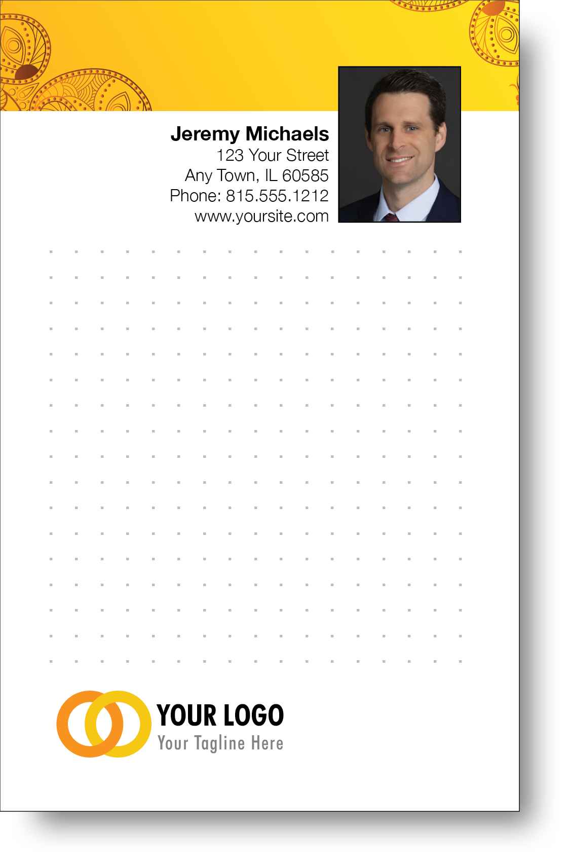 A colorful professional notepad presenting a company logo and a portrait with a name and contact information displayed.