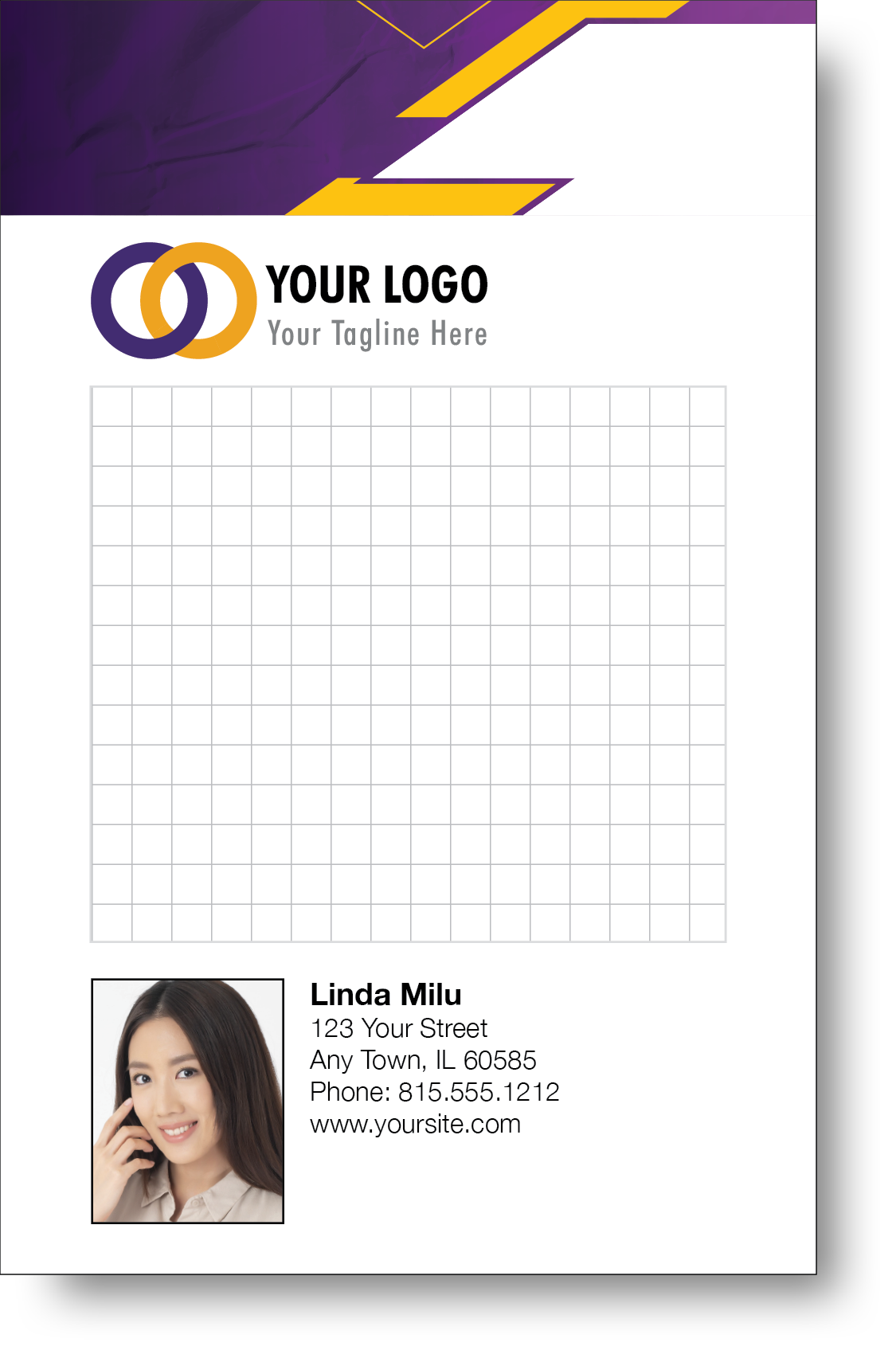 A colorful professional notepad presenting a company logo and a portrait with a name and contact information displayed.