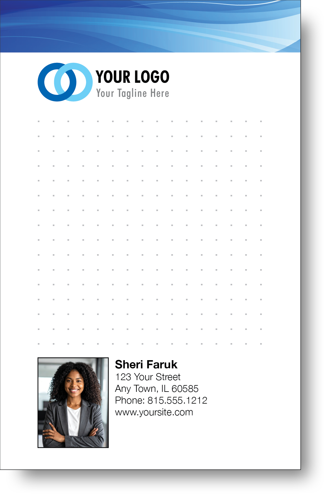 A colorful professional notepad presenting a company logo and a portrait with a name and contact information displayed.