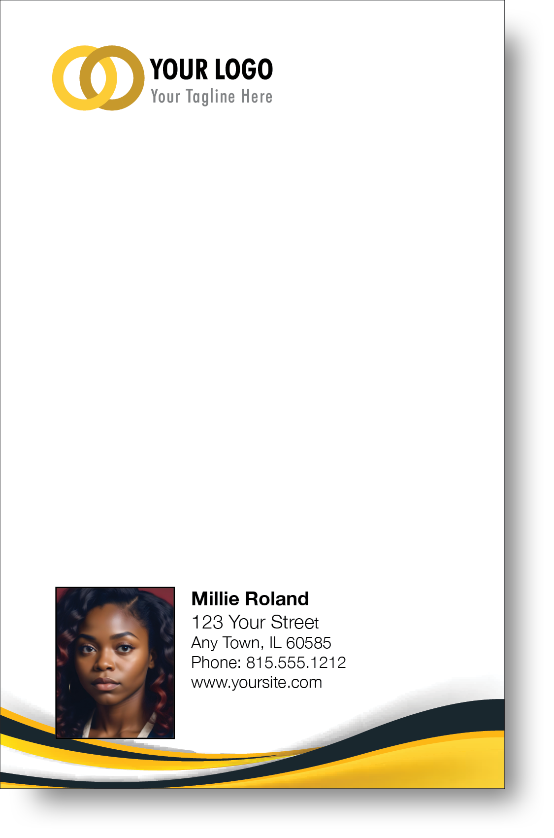 A colorful professional notepad presenting a company logo and a portrait with a name and contact information displayed.