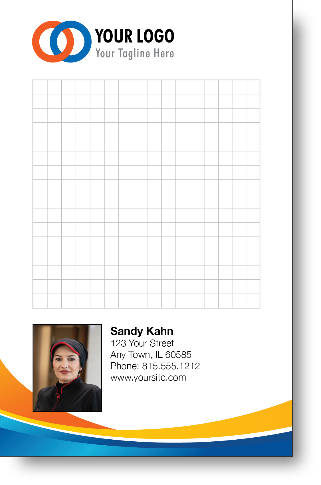 A colorful professional notepad presenting a company logo and a portrait with a name and contact information displayed.