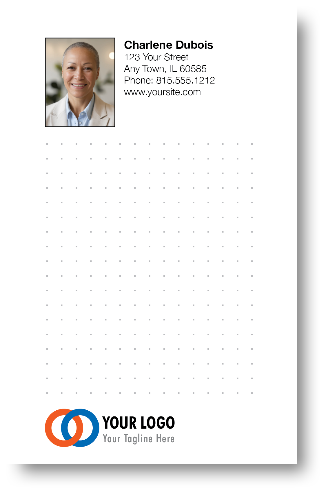 A colorful professional notepad presenting a company logo and a portrait with a name and contact information displayed.