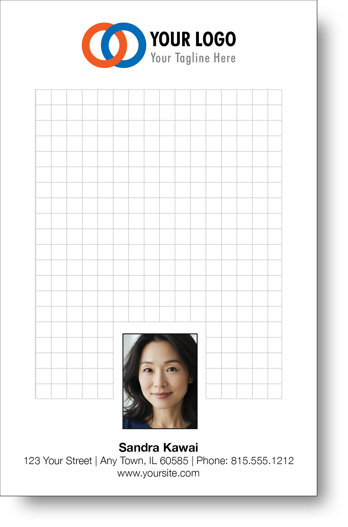 A colorful professional notepad presenting a company logo and a portrait with a name and contact information displayed.
