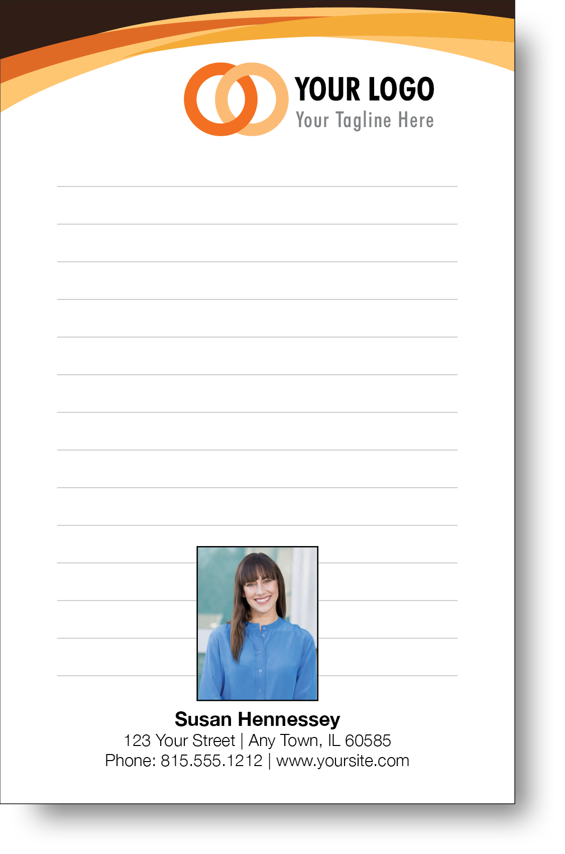 A colorful professional notepad presenting a company logo and a portrait with a name and contact information displayed.