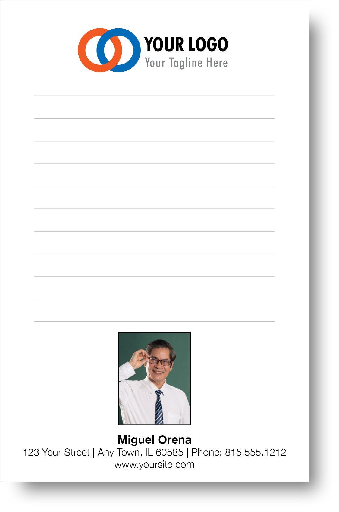 A colorful professional notepad presenting a company logo and a portrait with a name and contact information displayed.