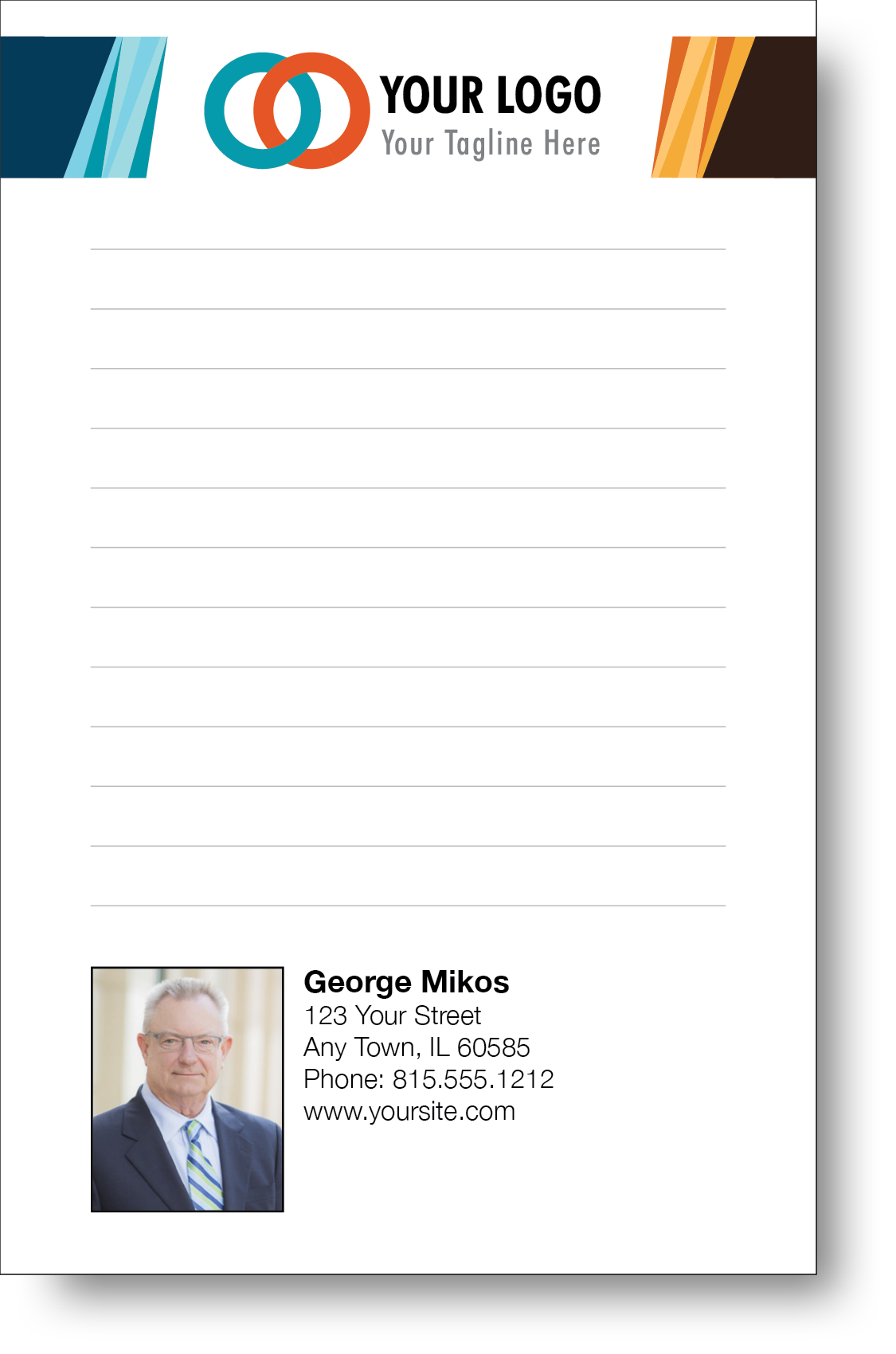 A colorful professional notepad presenting a company logo and a portrait with a name and contact information displayed.