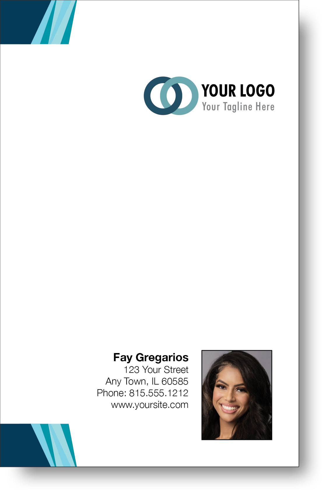 A colorful professional notepad presenting a company logo and a portrait with a name and contact information displayed.