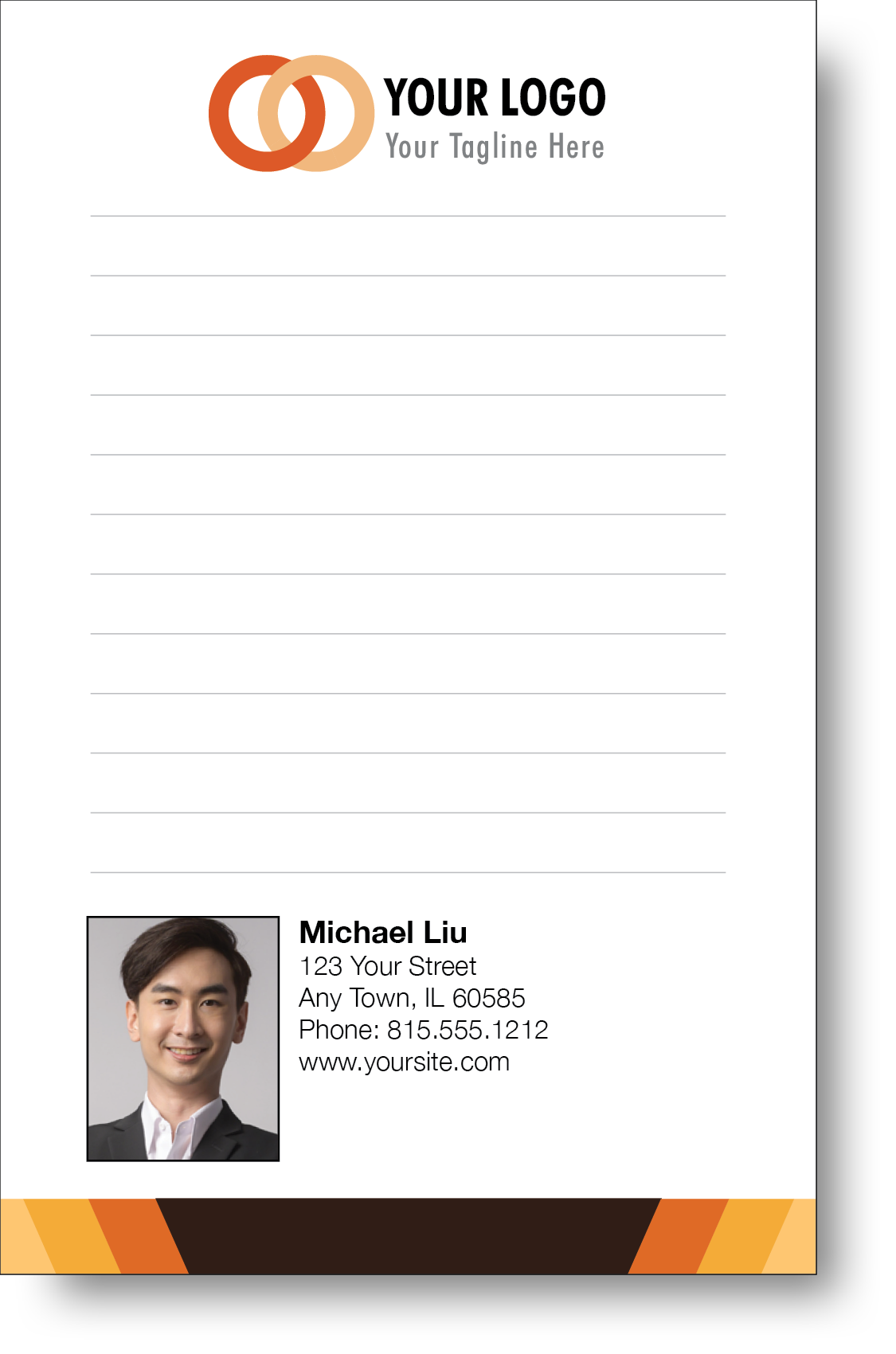 A colorful professional notepad presenting a company logo and a portrait with a name and contact information displayed.