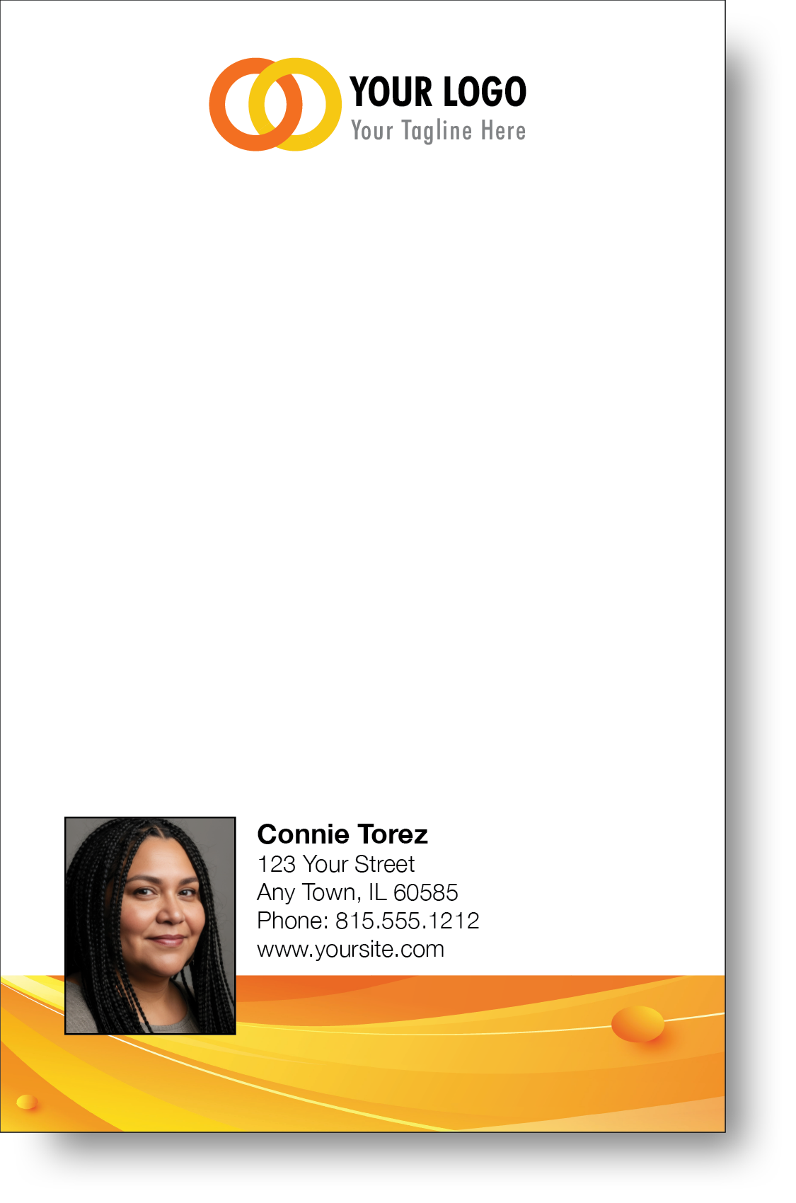 A colorful professional notepad presenting a company logo and a portrait with a name and contact information displayed.