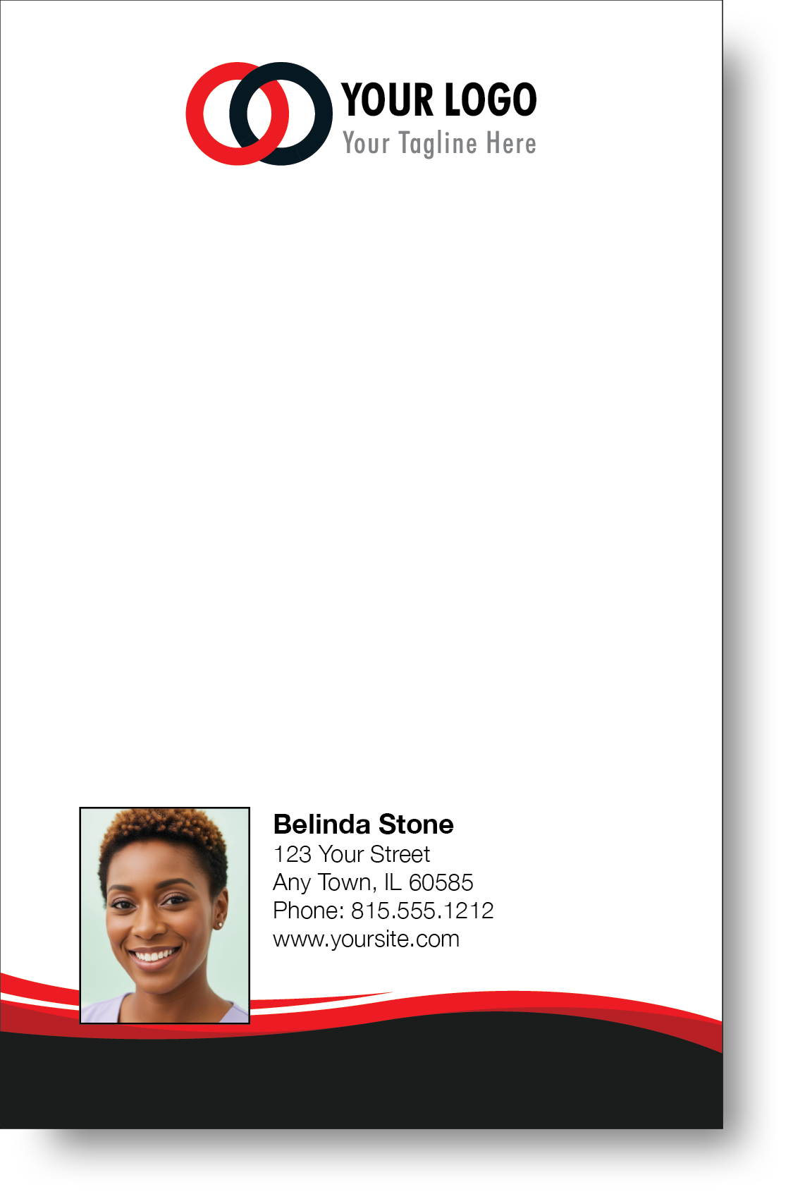 A colorful professional notepad presenting a company logo and a portrait with a name and contact information displayed.