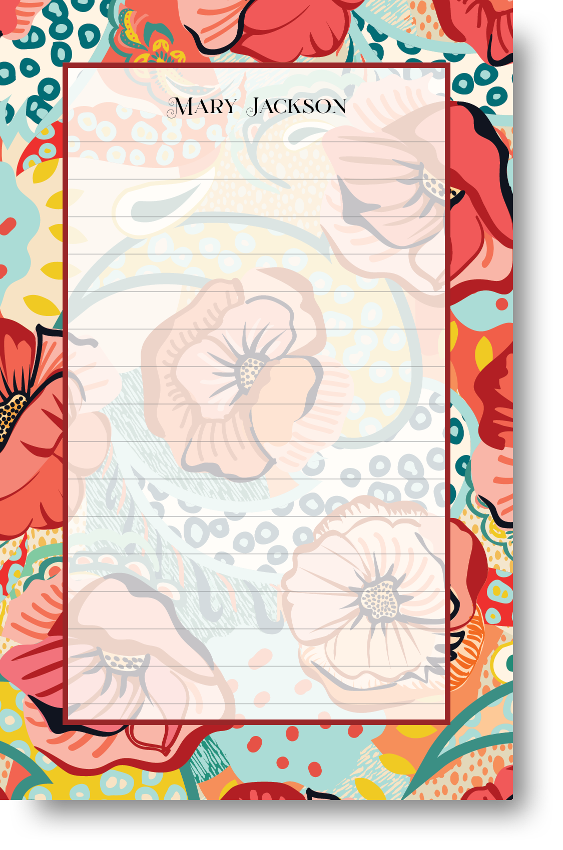 A colorful notepad with a floral patterned border and background with a name at the top.