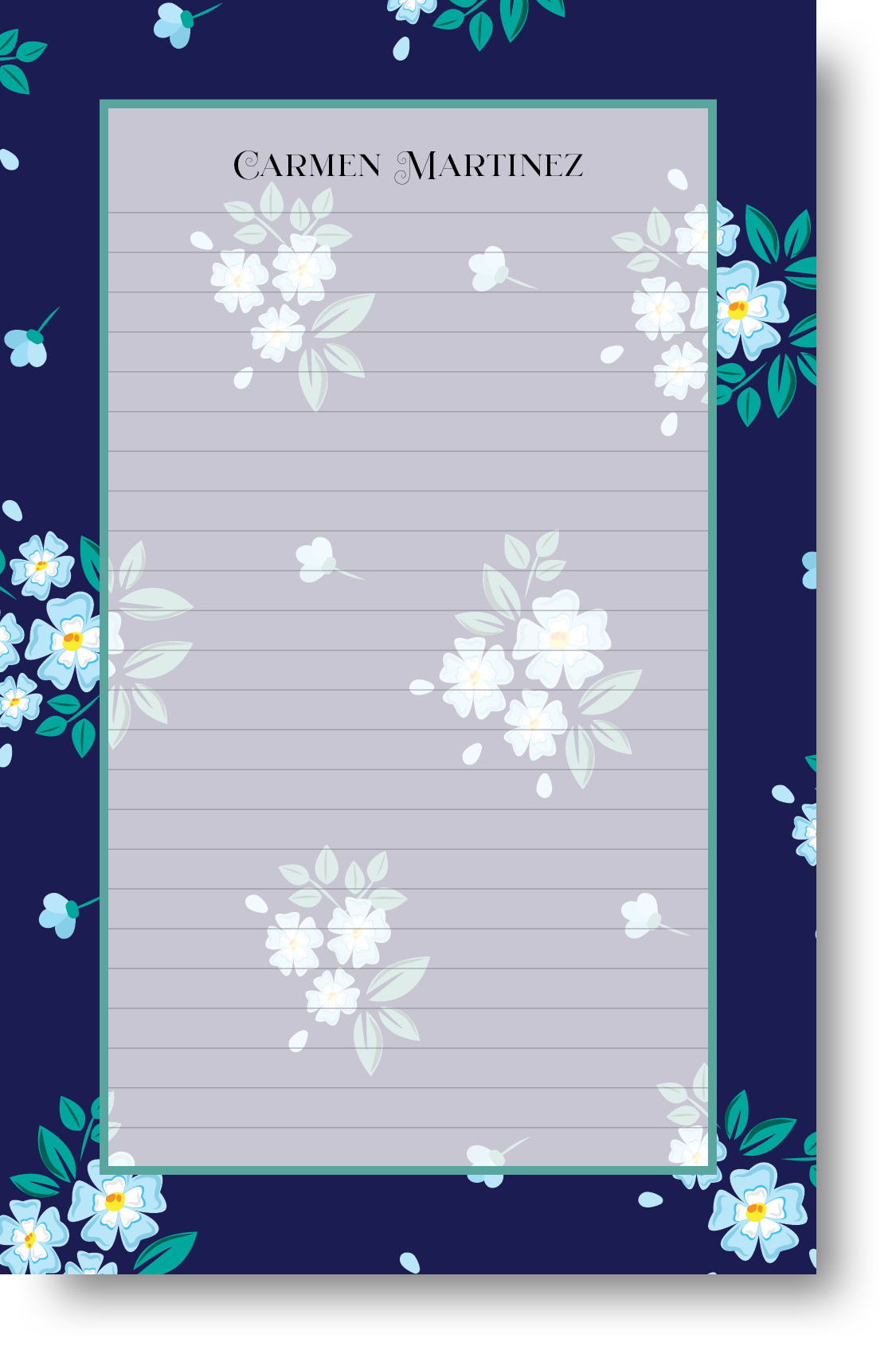 A colorful notepad with a floral patterned border and background with a name at the top.