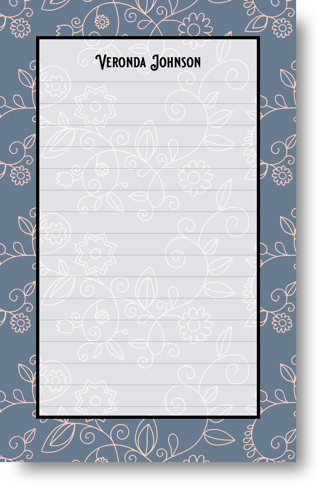 A colorful notepad with a floral patterned border and background with a name at the top.