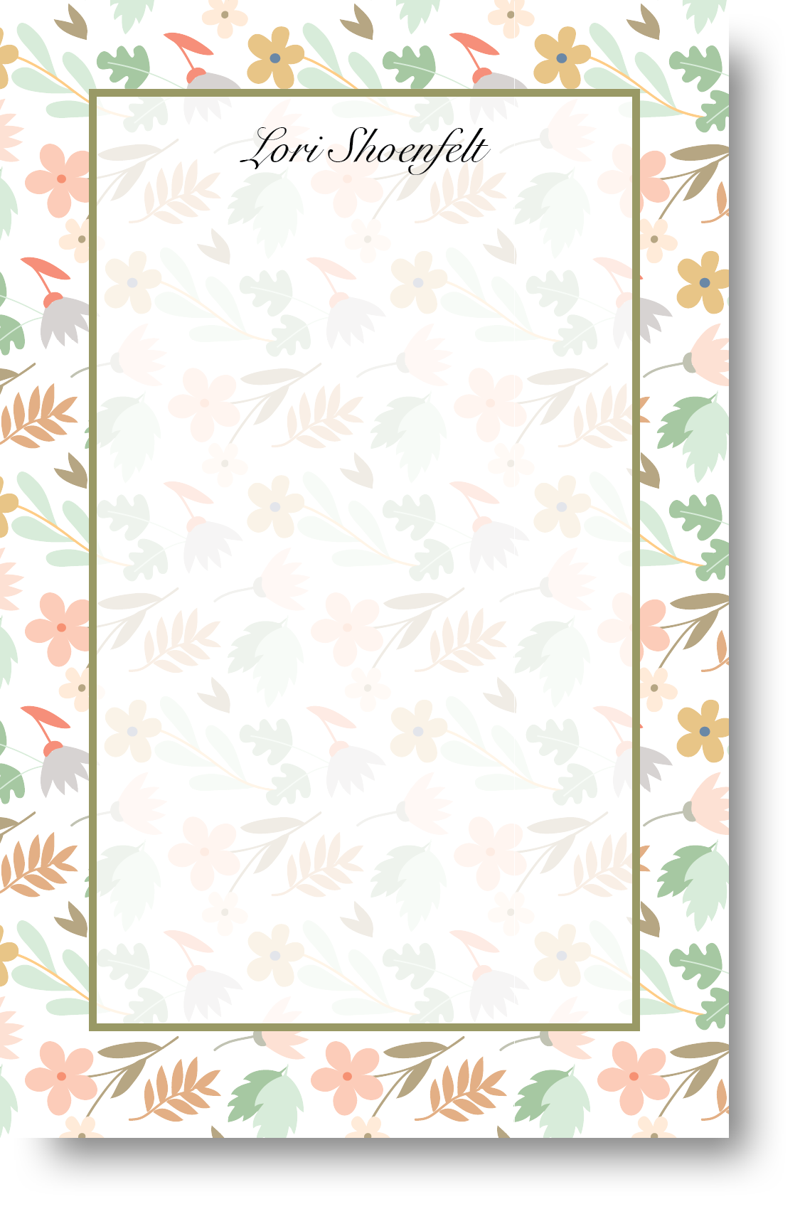 A colorful notepad with a floral patterned border and background with a name at the top.